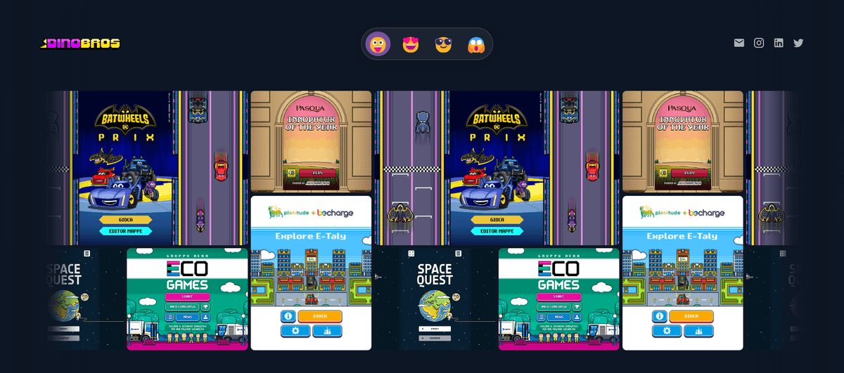 Made with animated scroll with advanced css, collection of games gallery website. Dinobros, a game similar to Super Mario Bros, makes advergames using simple languages like javascript, three js.